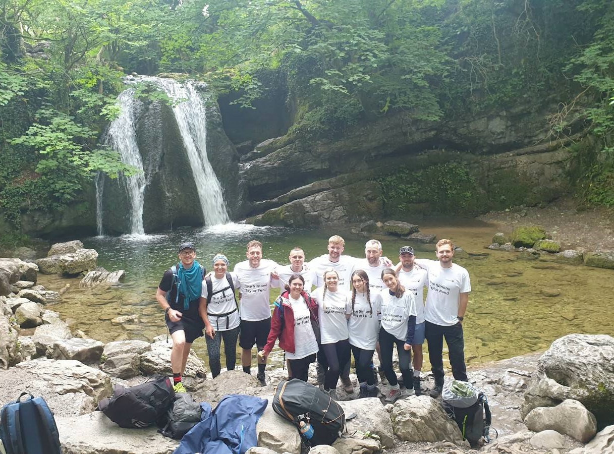 employees posing infront of a waterfall on a hike